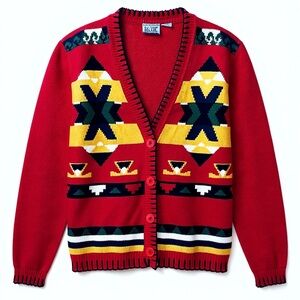 Beyond Blue Vintage 90s Women’s Sz M Southwestern Cardigan Sweater Red Cotton